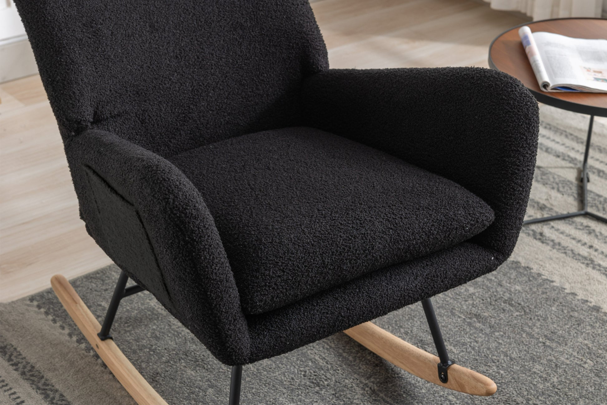 35.5 Inch Rocking Chair With Pocket, Soft Teddy Fabric Rocking Chair For Nursery, Comfy Wingback Glider Rocker With Safe Solid Wood Base For Living Room Bedroom Balcony Black Black Casual Foam Teddy