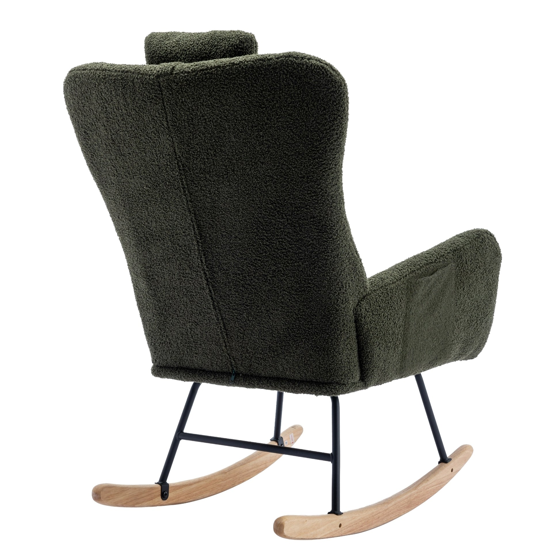 35.5 Inch Rocking Chair With Pocket, Soft Teddy Fabric Rocking Chair For Nursery, Comfy Wingback Glider Rocker With Safe Solid Wood Base For Living Room Bedroom Balcony Dark Green Dark Green Casual Foam Teddy
