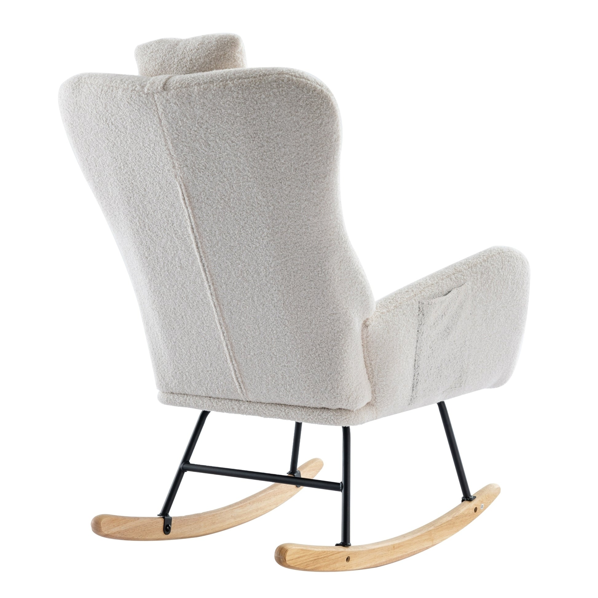 35.5 Inch Rocking Chair With Pocket, Soft Teddy Fabric Rocking Chair For Nursery, Comfy Wingback Glider Rocker With Safe Solid Wood Base For Living Room Bedroom Balcony White White Casual Foam Teddy