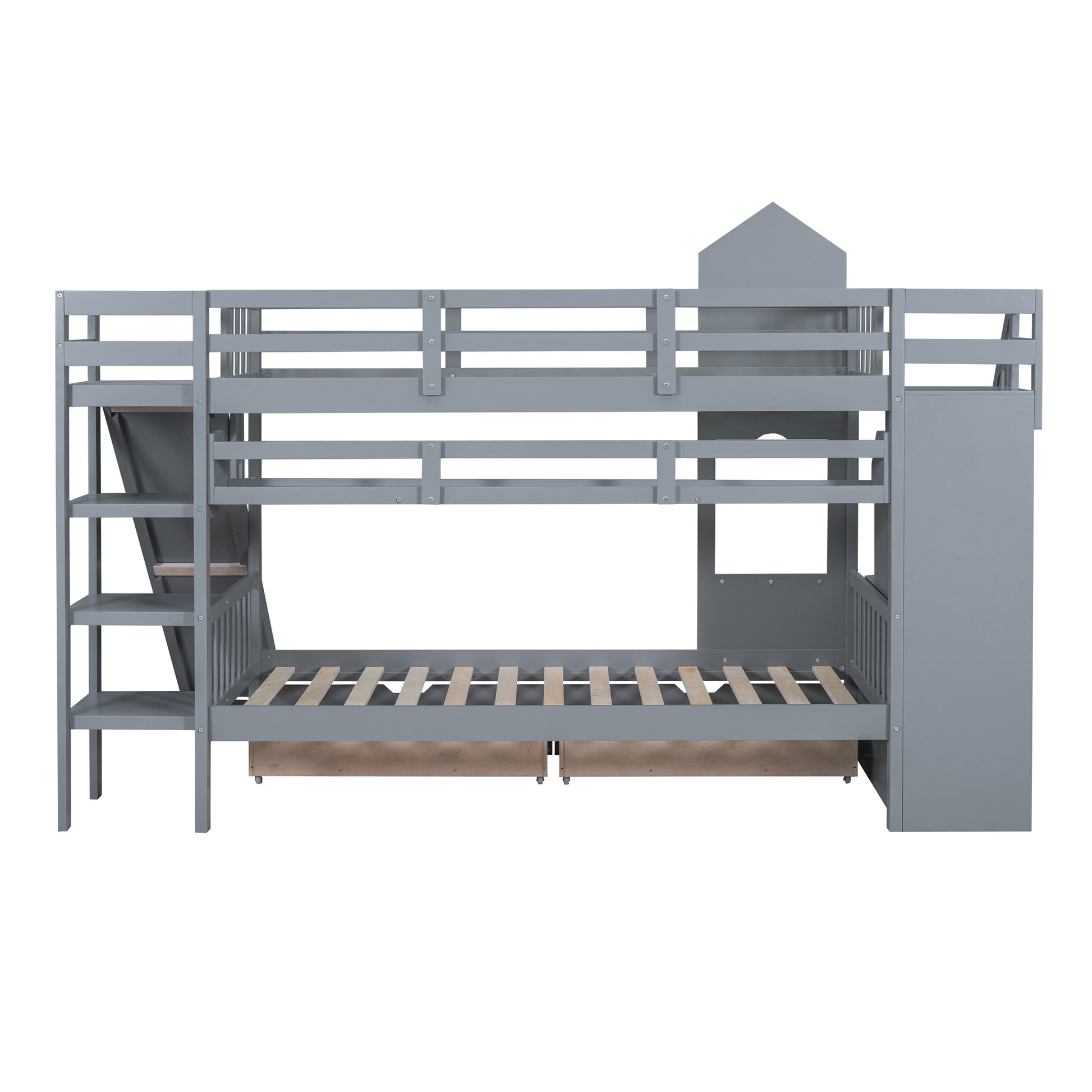 Twin Over Twin Castle Style Bunk Bed With 2 Drawers 3 Shelves And Slide Gray Gray Solid Wood