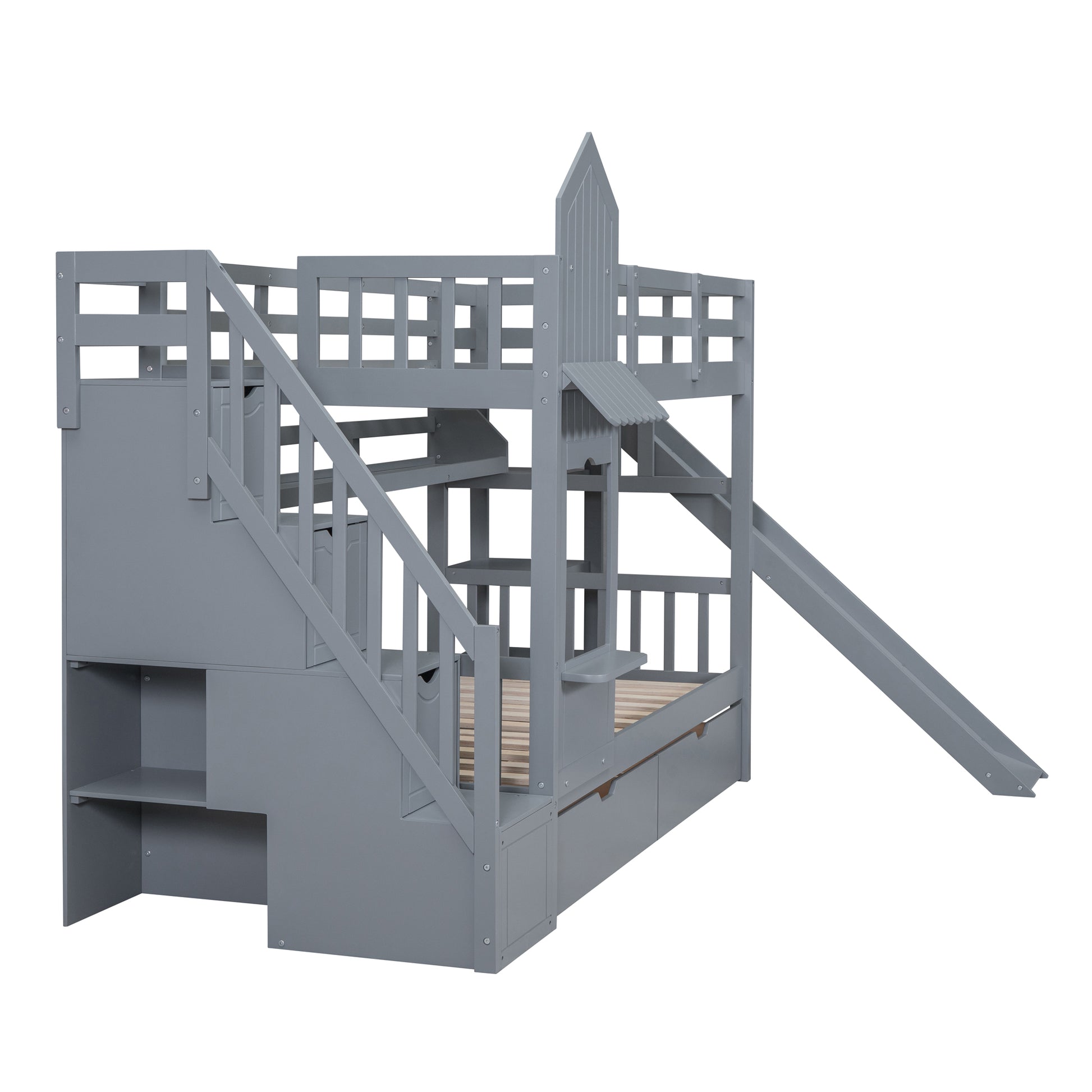 Twin Over Twin Castle Style Bunk Bed With 2 Drawers 3 Shelves And Slide Gray Gray Solid Wood