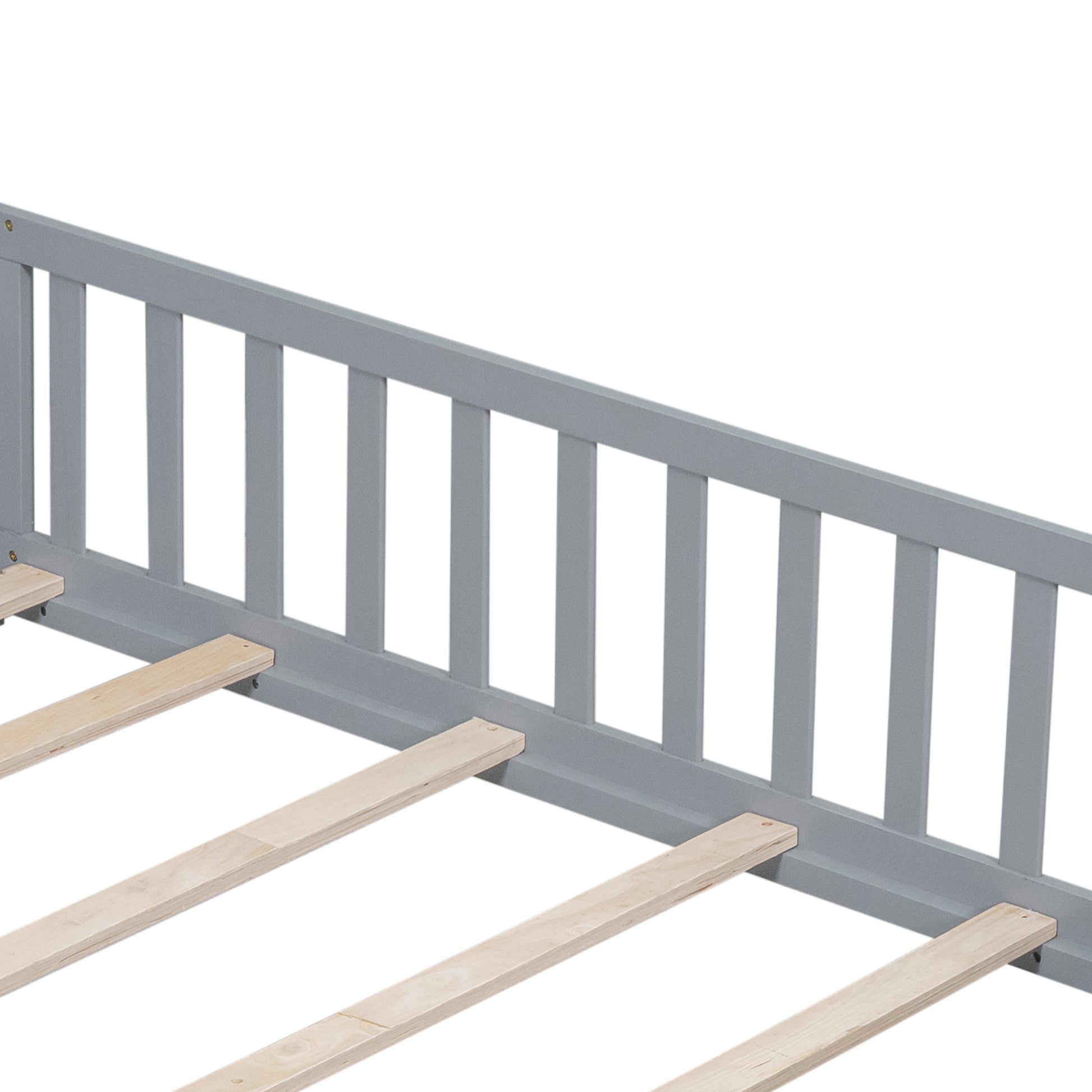 Full Size Floor Platform Bed With Fence And Door For Kids, Montessori Floor Bed Frame With Support Slats For Toddlers, Wooden Floor Bed Grey Grey Plywood