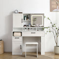 Vanity Table With Large Sliding Lighted Mirror, Dressing Table With 2 Drawers, Storage Shelves And Upholstered Stool, White Color Antique White Particle Board