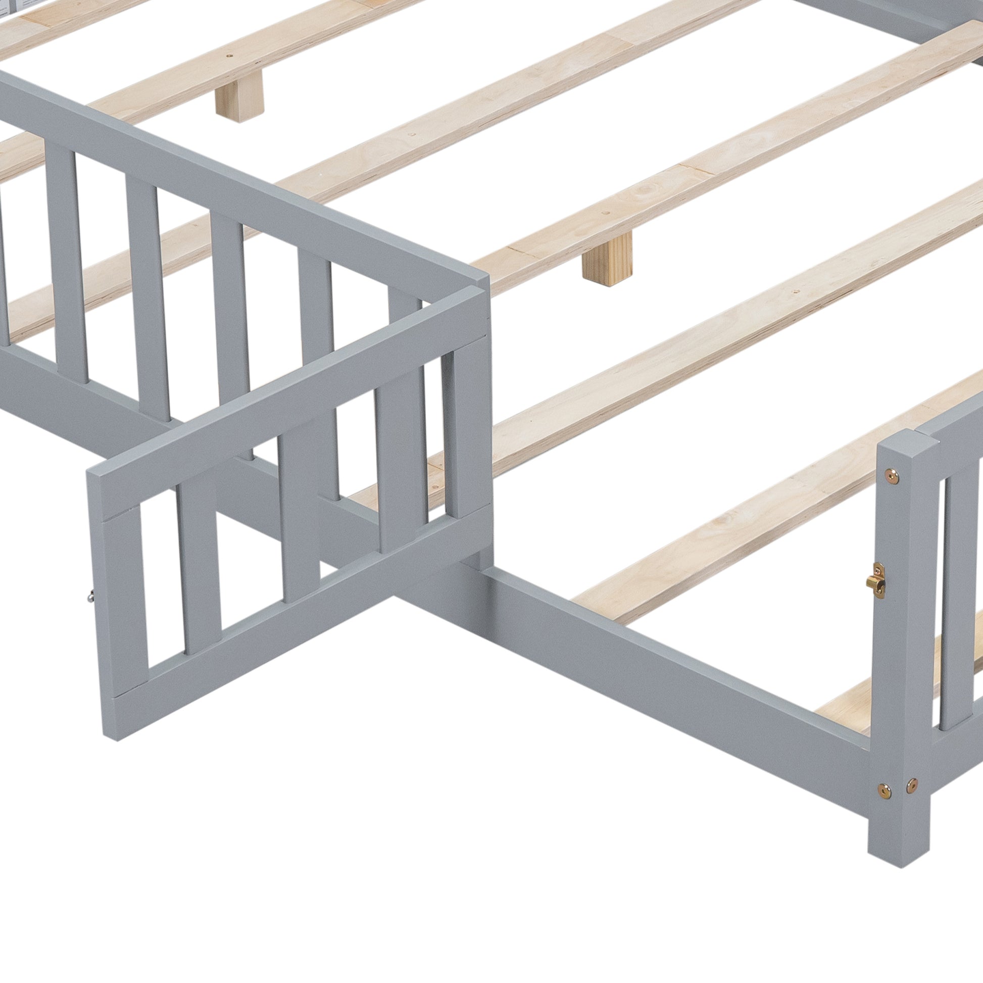 Full Size Floor Platform Bed With Fence And Door For Kids, Montessori Floor Bed Frame With Support Slats For Toddlers, Wooden Floor Bed Grey Grey Plywood