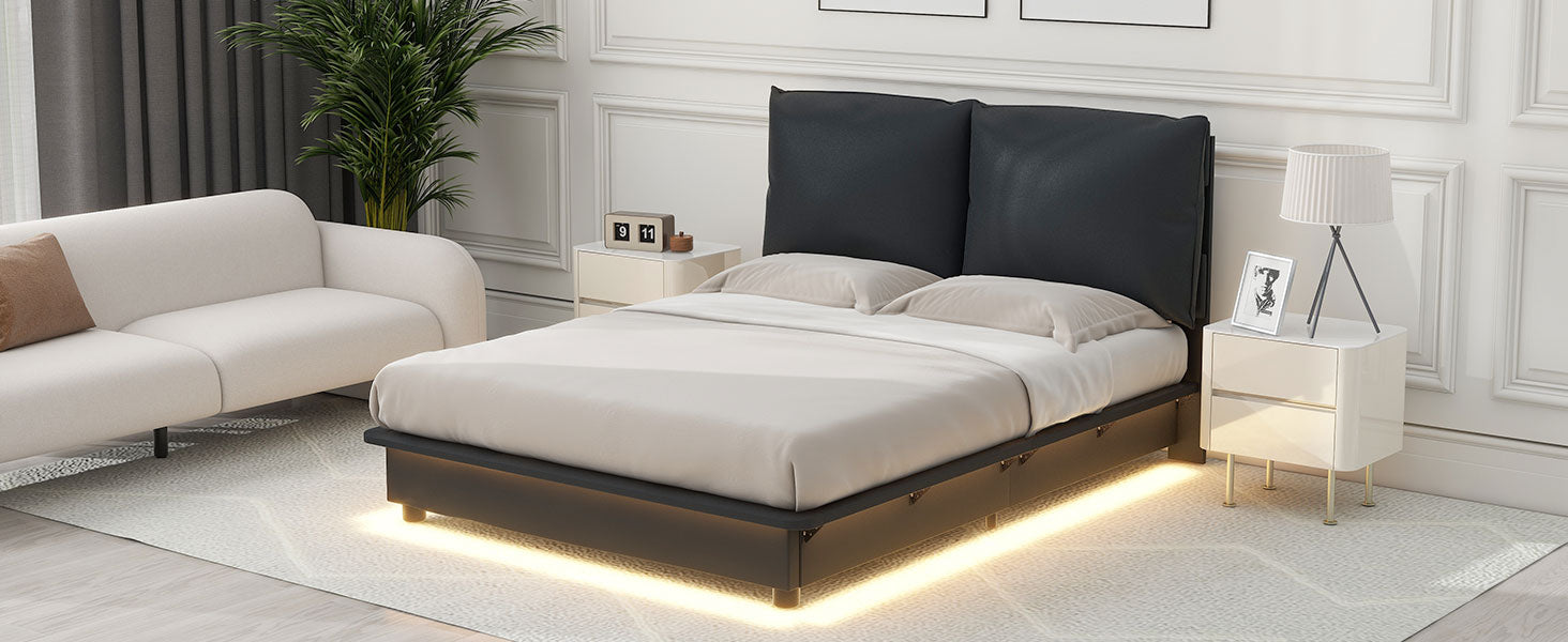 Full Size Upholstered Platform Bed With Sensor Light And Ergonomic Design Backrests, Black Black Upholstered