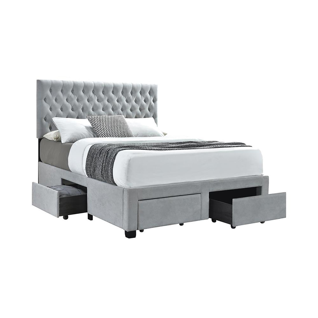 Light Grey Tufted 4 Drawer Queen Storage Bed Box Spring Not Required Queen Grey Wood Bedroom Glam Rubberwood Storage Included Foam Polyester Fabric