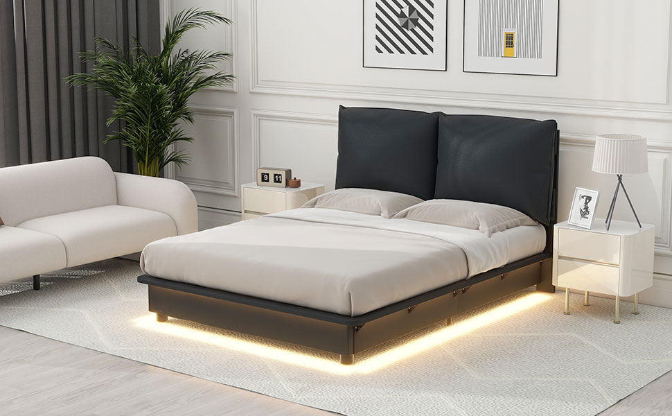 Full Size Upholstered Platform Bed With Sensor Light And Ergonomic Design Backrests, Black Black Upholstered