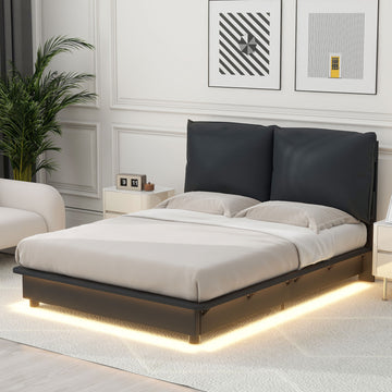 Full Size Upholstered Platform Bed With Sensor Light And Ergonomic Design Backrests, Black Black Upholstered