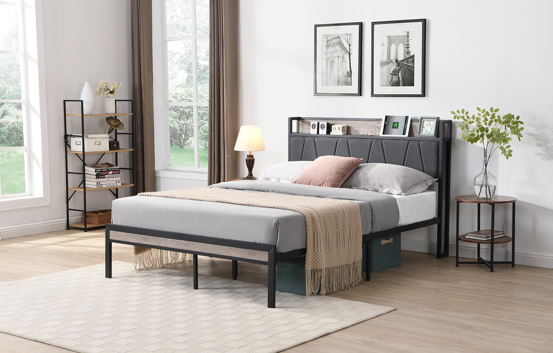 Full Size Metal Platform Bed Frame With Upholstery Storage Function Headboardand Usb Liner And Footboardno Box Spring Needed, Large Under Bed Storage, Easy Assemble Beige Black Metal & Wood