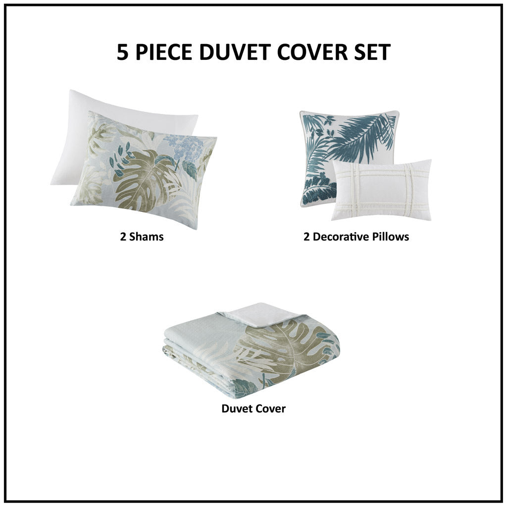 5 Piece Cotton Duvet Cover Set With Throw Pillow Blue Cotton