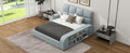 Queen Size Upholstered Platform Bed With Multimedia Nightstand And Storage Shelves, Gray Box Spring Not Required Queen Gray Wood Bedroom Bed Frame Faux Leather Upholstered