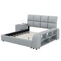 Queen Size Upholstered Platform Bed With Multimedia Nightstand And Storage Shelves, Gray Box Spring Not Required Queen Gray Wood Bedroom Bed Frame Faux Leather Upholstered