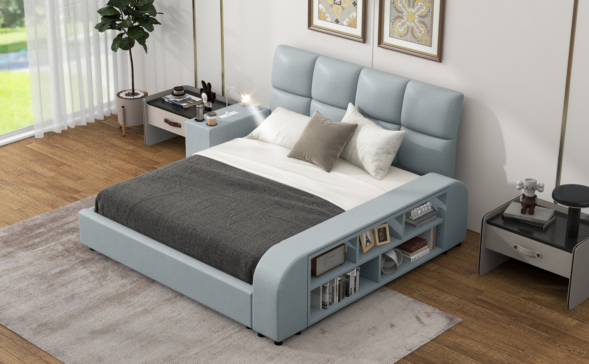 Queen Size Upholstered Platform Bed With Multimedia Nightstand And Storage Shelves, Gray Box Spring Not Required Queen Gray Wood Bedroom Bed Frame Faux Leather Upholstered