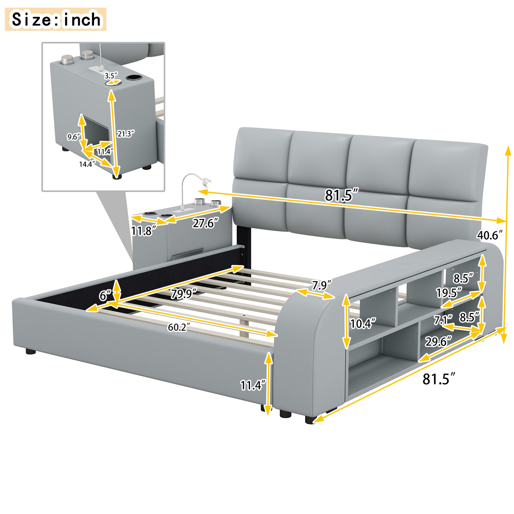 Queen Size Upholstered Platform Bed With Multimedia Nightstand And Storage Shelves, Gray Box Spring Not Required Queen Gray Wood Bedroom Bed Frame Faux Leather Upholstered