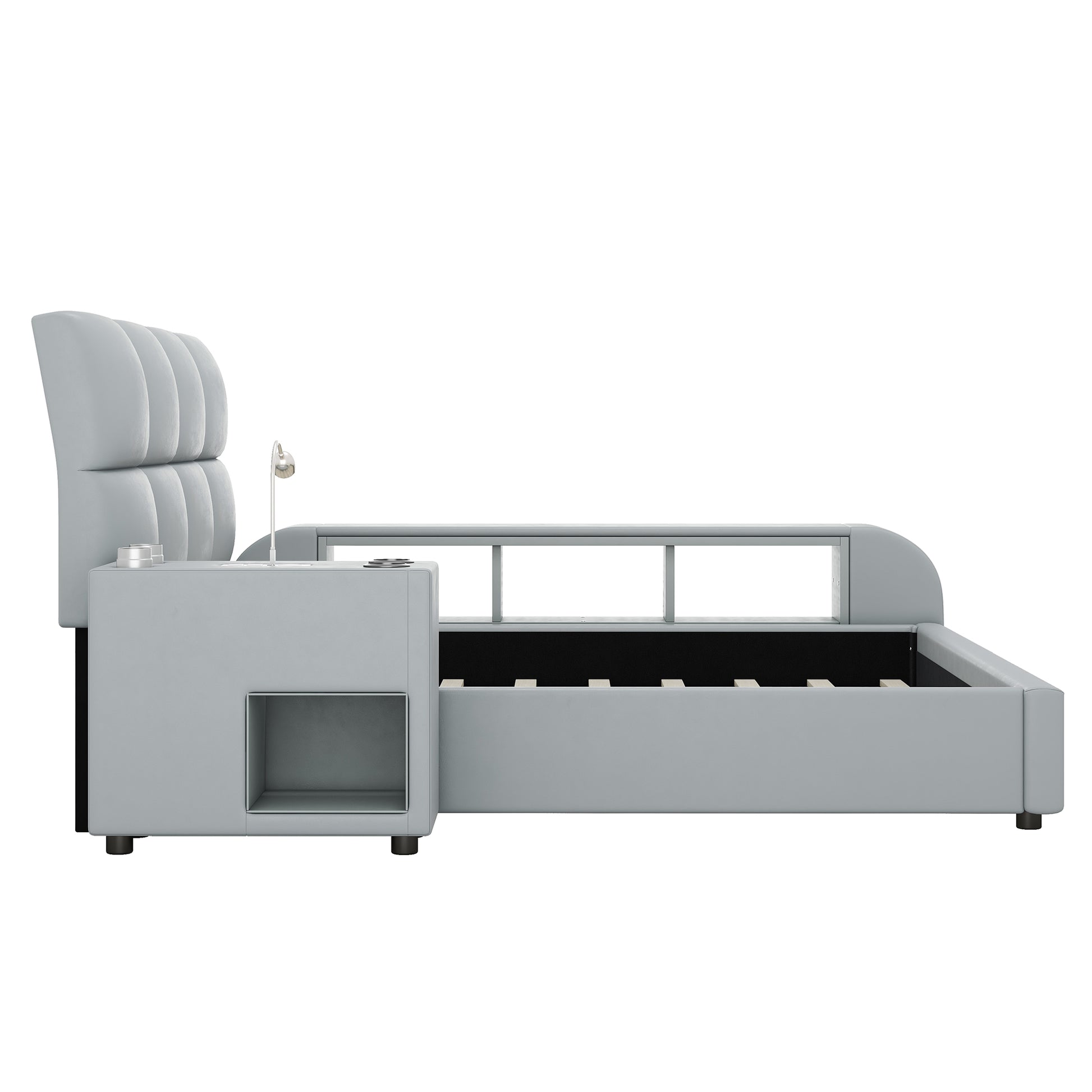 Queen Size Upholstered Platform Bed With Multimedia Nightstand And Storage Shelves, Gray Box Spring Not Required Queen Gray Wood Bedroom Bed Frame Faux Leather Upholstered