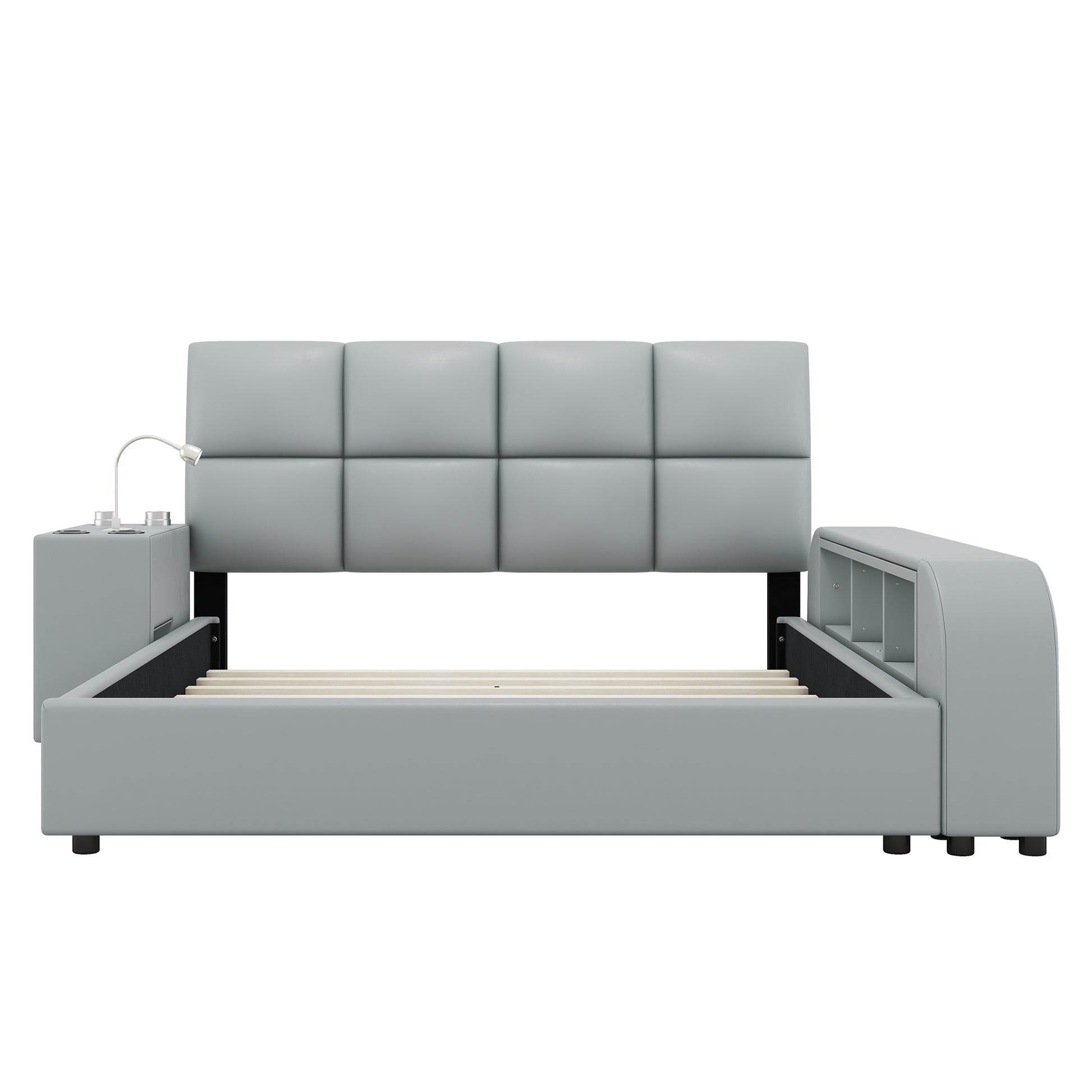Queen Size Upholstered Platform Bed With Multimedia Nightstand And Storage Shelves, Gray Box Spring Not Required Queen Gray Wood Bedroom Bed Frame Faux Leather Upholstered