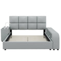 Queen Size Upholstered Platform Bed With Multimedia Nightstand And Storage Shelves, Gray Box Spring Not Required Queen Gray Wood Bedroom Bed Frame Faux Leather Upholstered