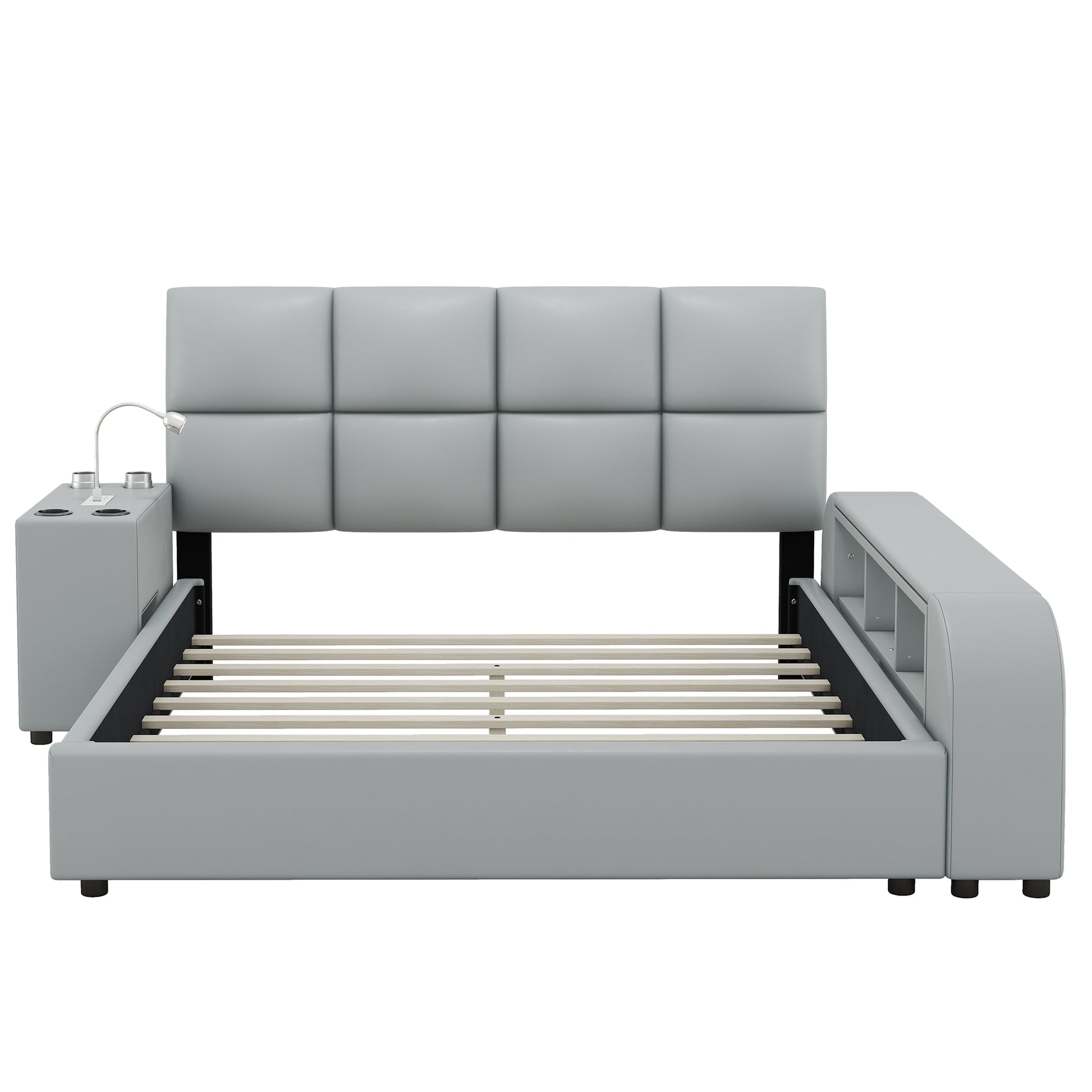 Queen Size Upholstered Platform Bed With Multimedia Nightstand And Storage Shelves, Gray Box Spring Not Required Queen Gray Wood Bedroom Bed Frame Faux Leather Upholstered