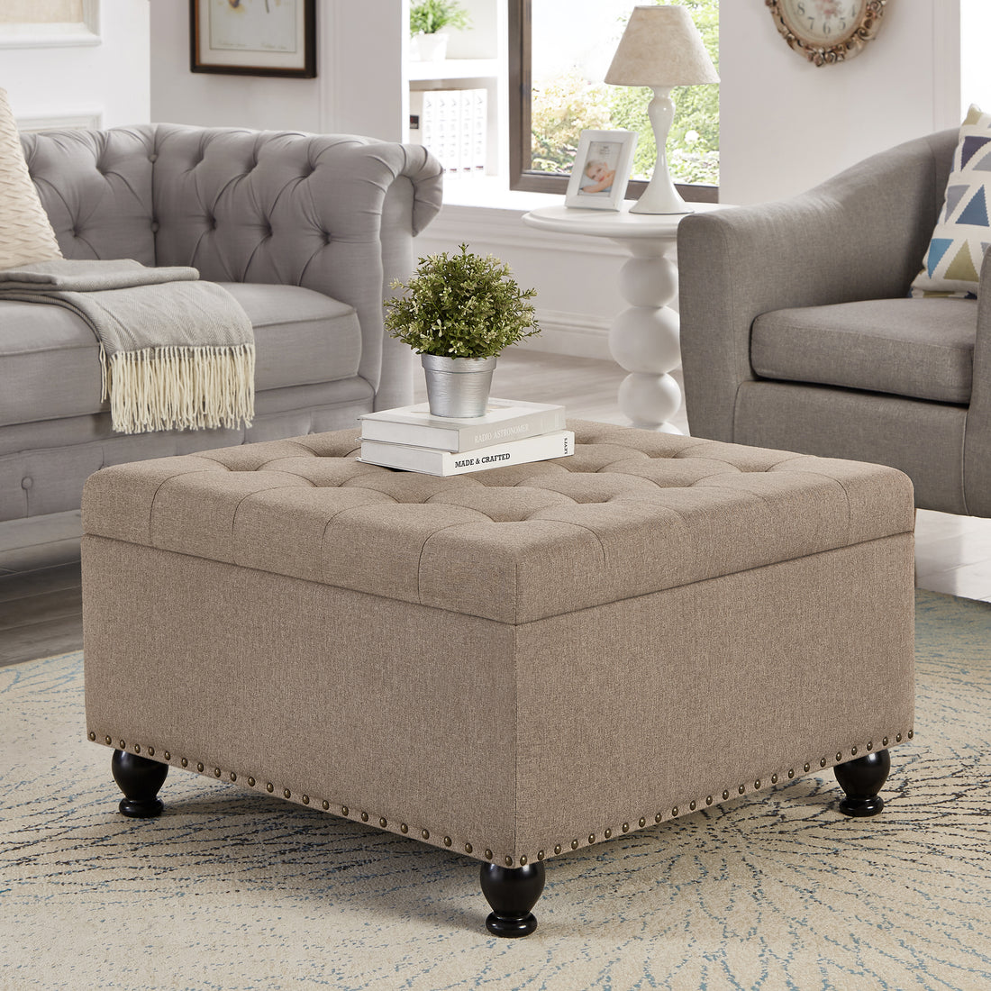 Large Square Storage Ottoman With Wooden Legs, Upholstered Button Tufted Coffee Table With Nail Trims For For Living Space,Linen Espresso Wood Primary Living Space Black Solid Rubberwood Wood With Storage Linen Linen Linen Or Linen Blend Backless Medium