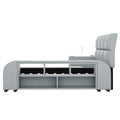 Queen Size Upholstered Platform Bed With Multimedia Nightstand And Storage Shelves, Gray Box Spring Not Required Queen Gray Wood Bedroom Bed Frame Faux Leather Upholstered