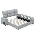 Queen Size Upholstered Platform Bed With Multimedia Nightstand And Storage Shelves, Gray Box Spring Not Required Queen Gray Wood Bedroom Bed Frame Faux Leather Upholstered