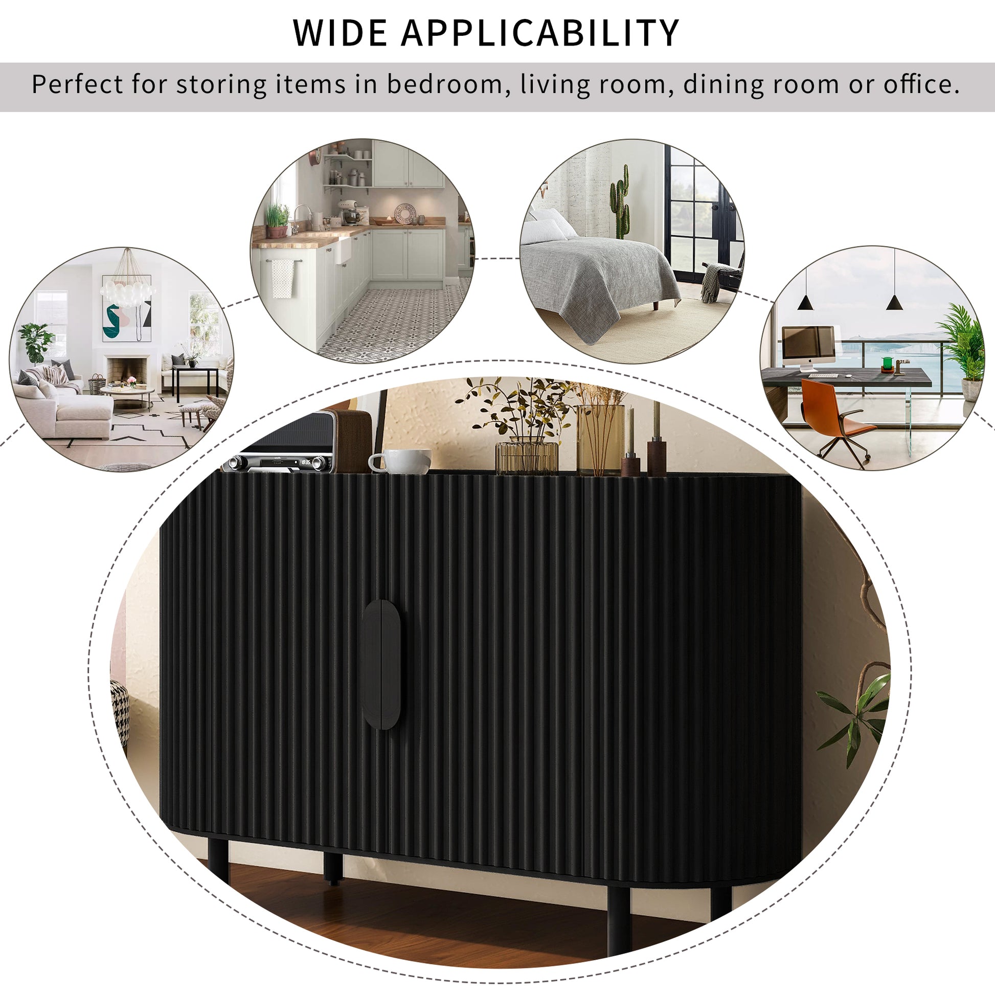 Curved Design Light Luxury Sideboard With Adjustable Shelves,Suitable For Living Room,Study And Entrance Black Mdf