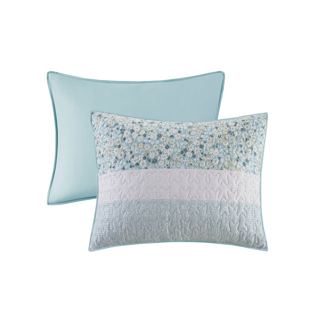 4 Piece Seersucker Quilt Set With Throw Pillow Aqua Polyester