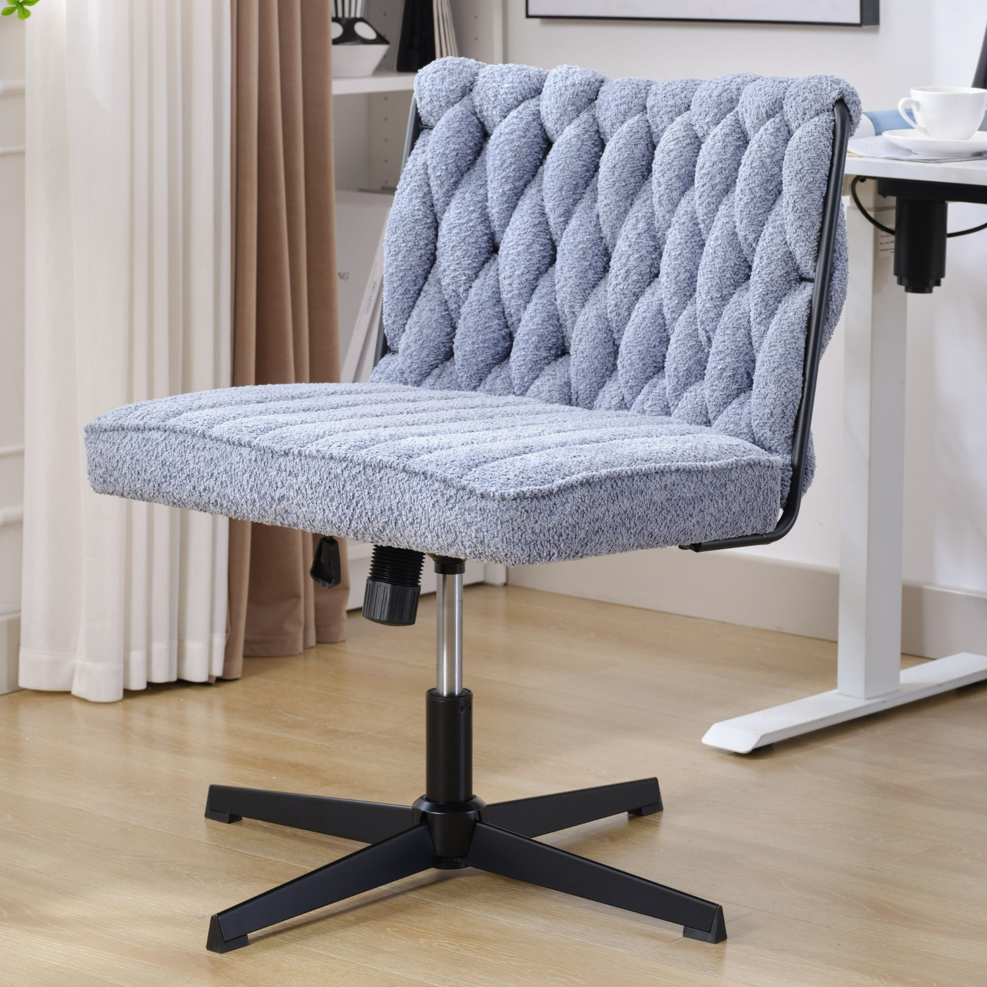 Armless Office Desk Chair No Wheels, Blue Blue Foam Polyester Blend