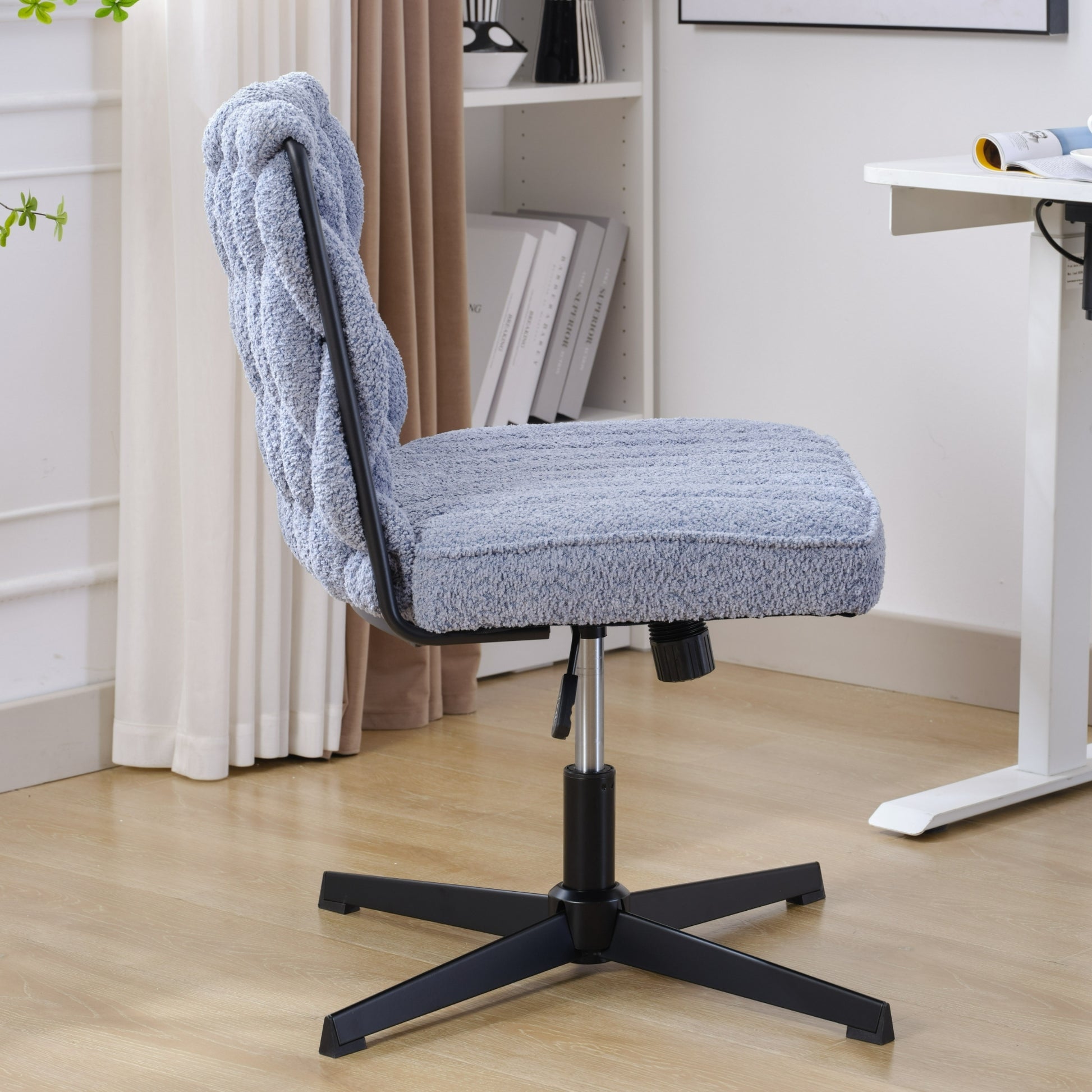 Armless Office Desk Chair No Wheels, Blue Blue Foam Polyester Blend