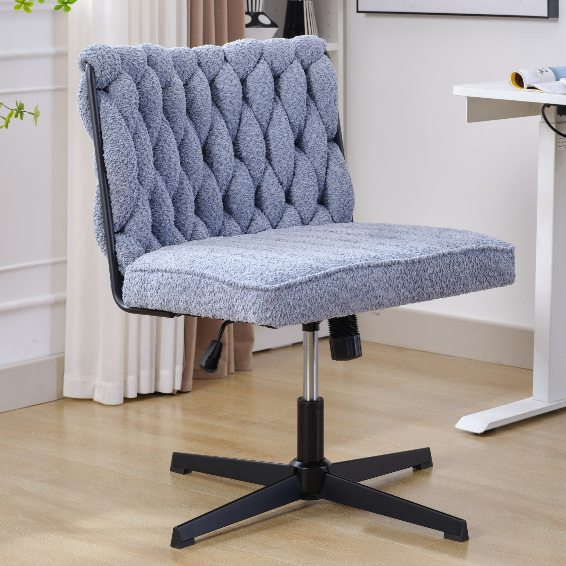 Armless Office Desk Chair No Wheels, Blue Blue Foam Polyester Blend