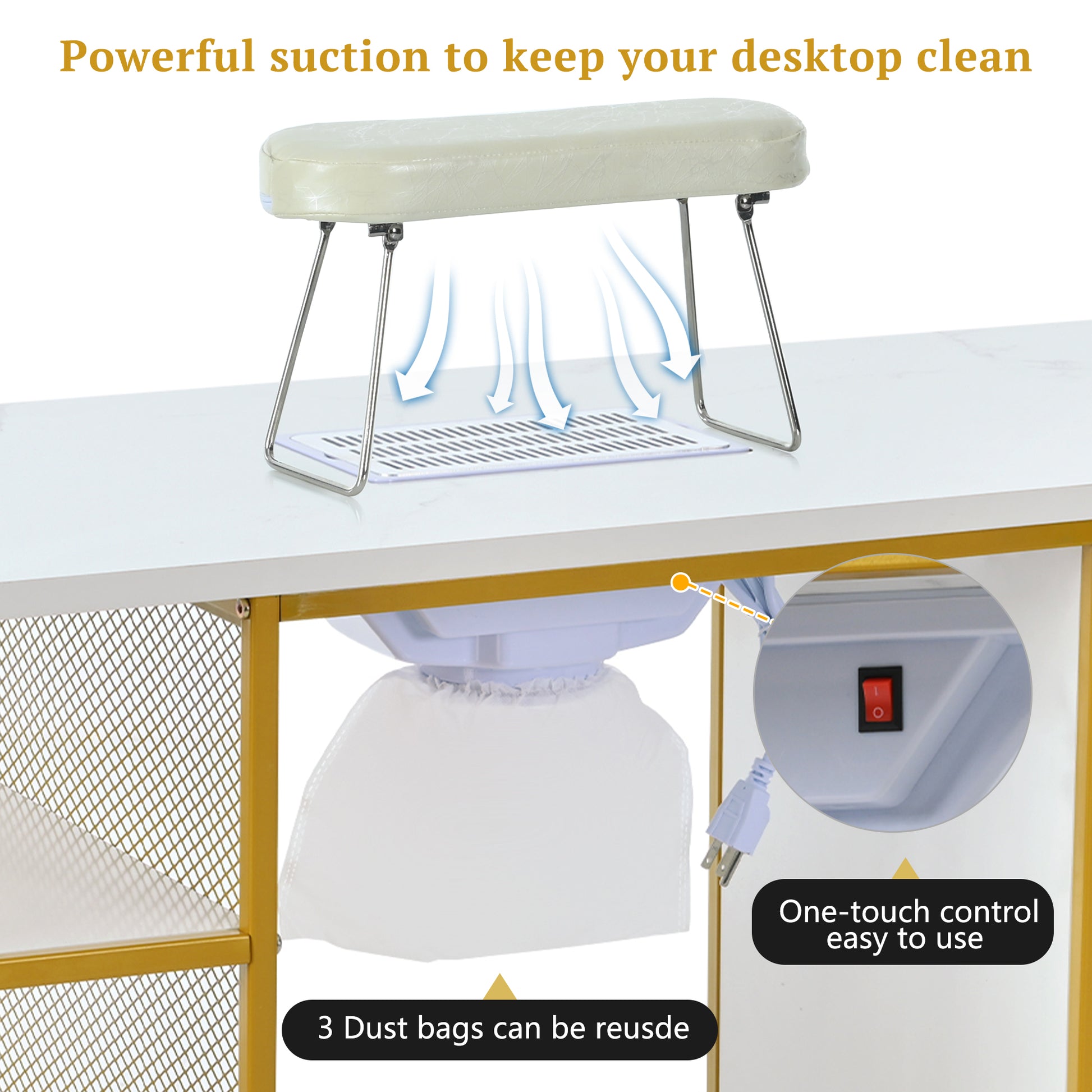 Manicure Table, Marbling Texture Nail Table With Electric Downdraft Vent,Wrist Cushion, Lockable Wheels, Storage Layers & Cabinet,White Gold White Modern Mdf Mdf Metal