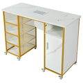 Manicure Table, Marbling Texture Nail Table With Electric Downdraft Vent,Wrist Cushion, Lockable Wheels, Storage Layers & Cabinet,White Gold White Modern Mdf Mdf Metal