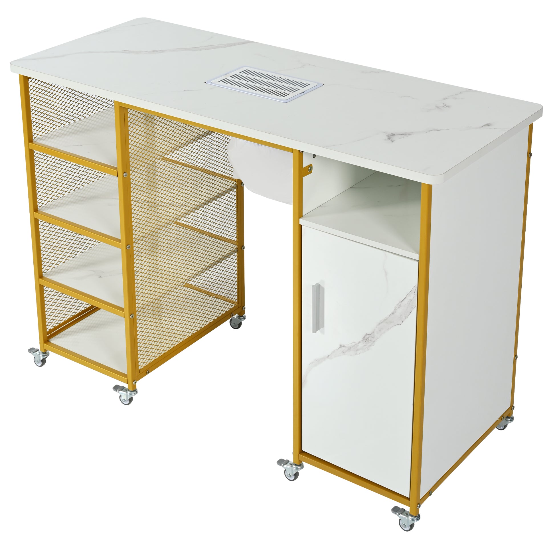 Manicure Table, Marbling Texture Nail Table With Electric Downdraft Vent,Wrist Cushion, Lockable Wheels, Storage Layers & Cabinet,White Gold White Modern Mdf Mdf Metal