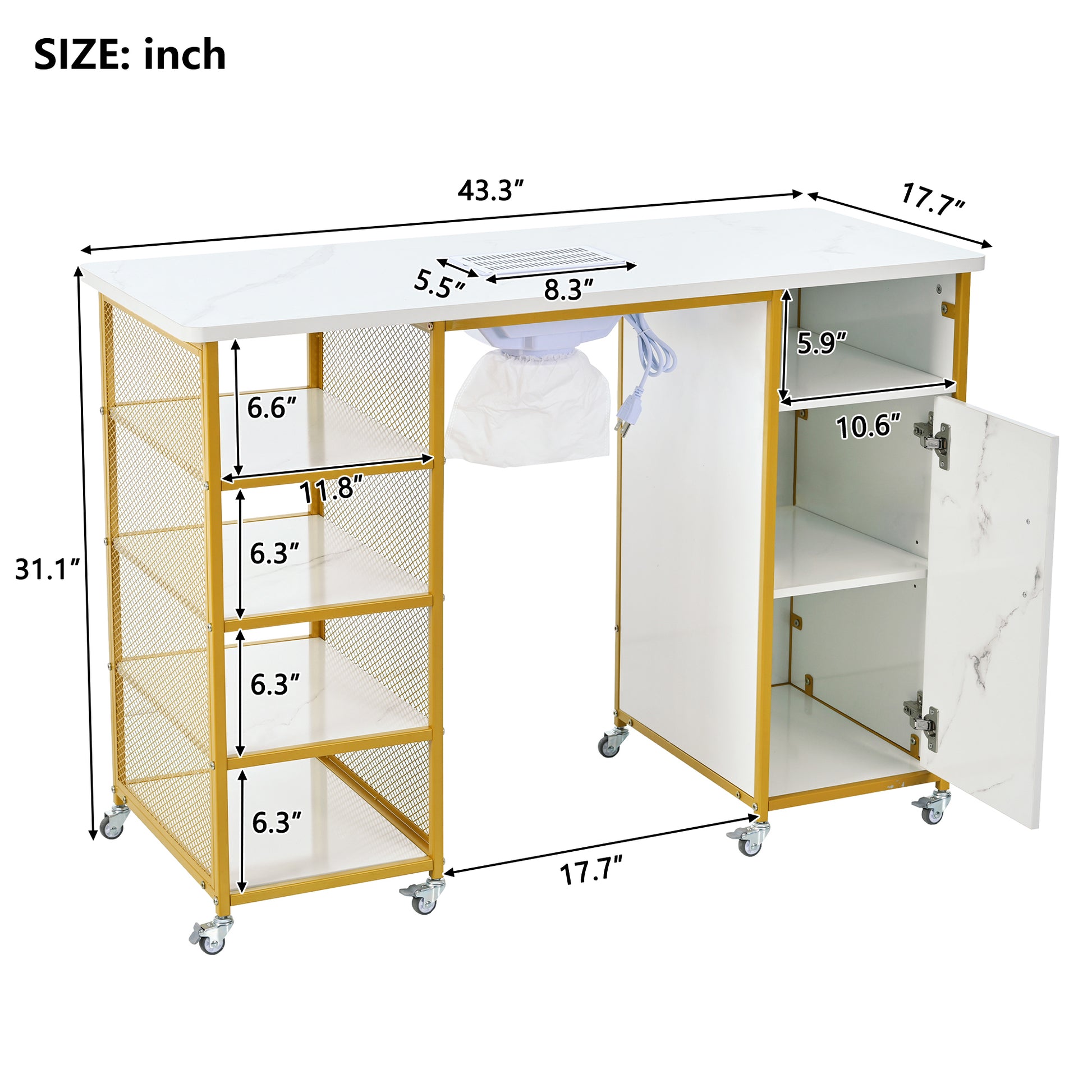 Manicure Table, Marbling Texture Nail Table With Electric Downdraft Vent,Wrist Cushion, Lockable Wheels, Storage Layers & Cabinet,White Gold White Modern Mdf Mdf Metal