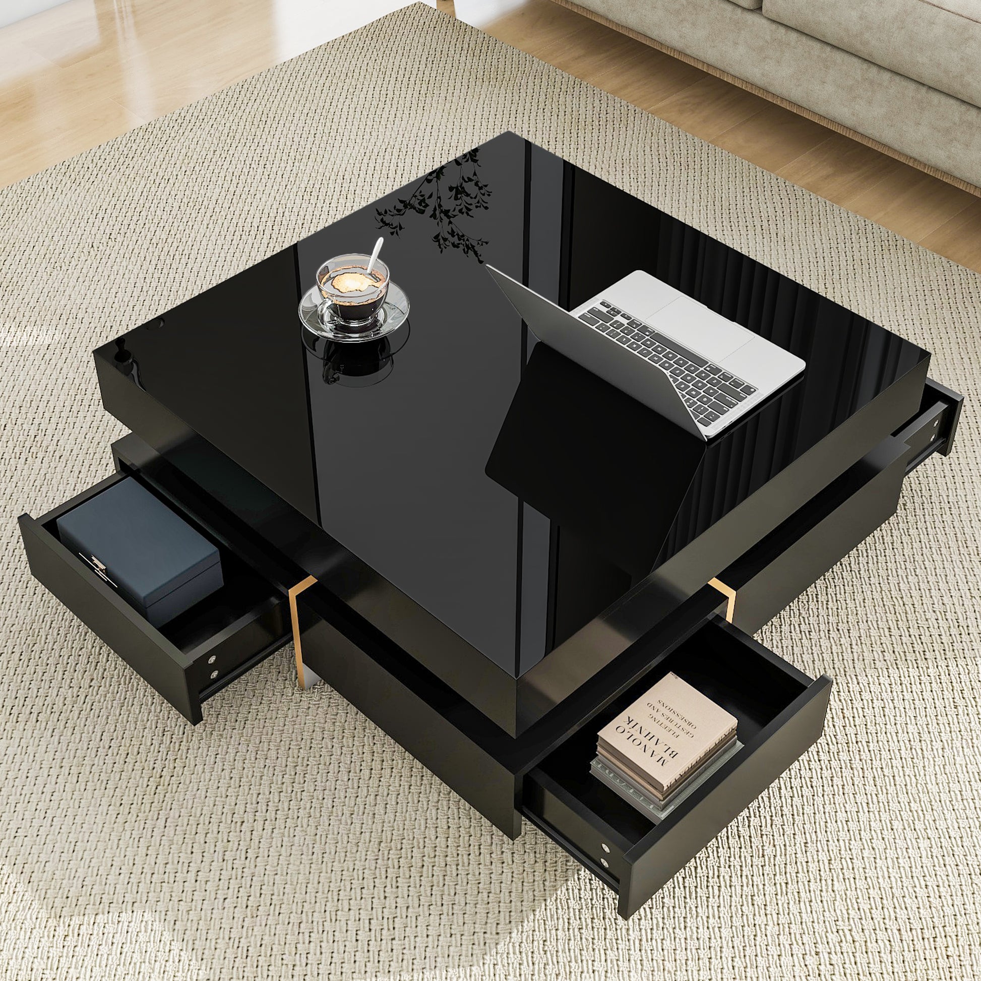 Modern High Gloss Coffee Table With 4 Drawers, Multi Storage Square Cocktail Tea Table With Wood Grain Legs, Center Table For Living Room, 31.5''X31.5'', Black Black Primary Living Space Drawers Particle Board