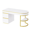 60''Modern Executive Desk,White Curved Computer Desk With Gold Metal Legs,3 Drawers Home Office Desk,Writing Desk With 1 Storage Cabinet For Home Office,Living Room,Gold White Gold White Mdf