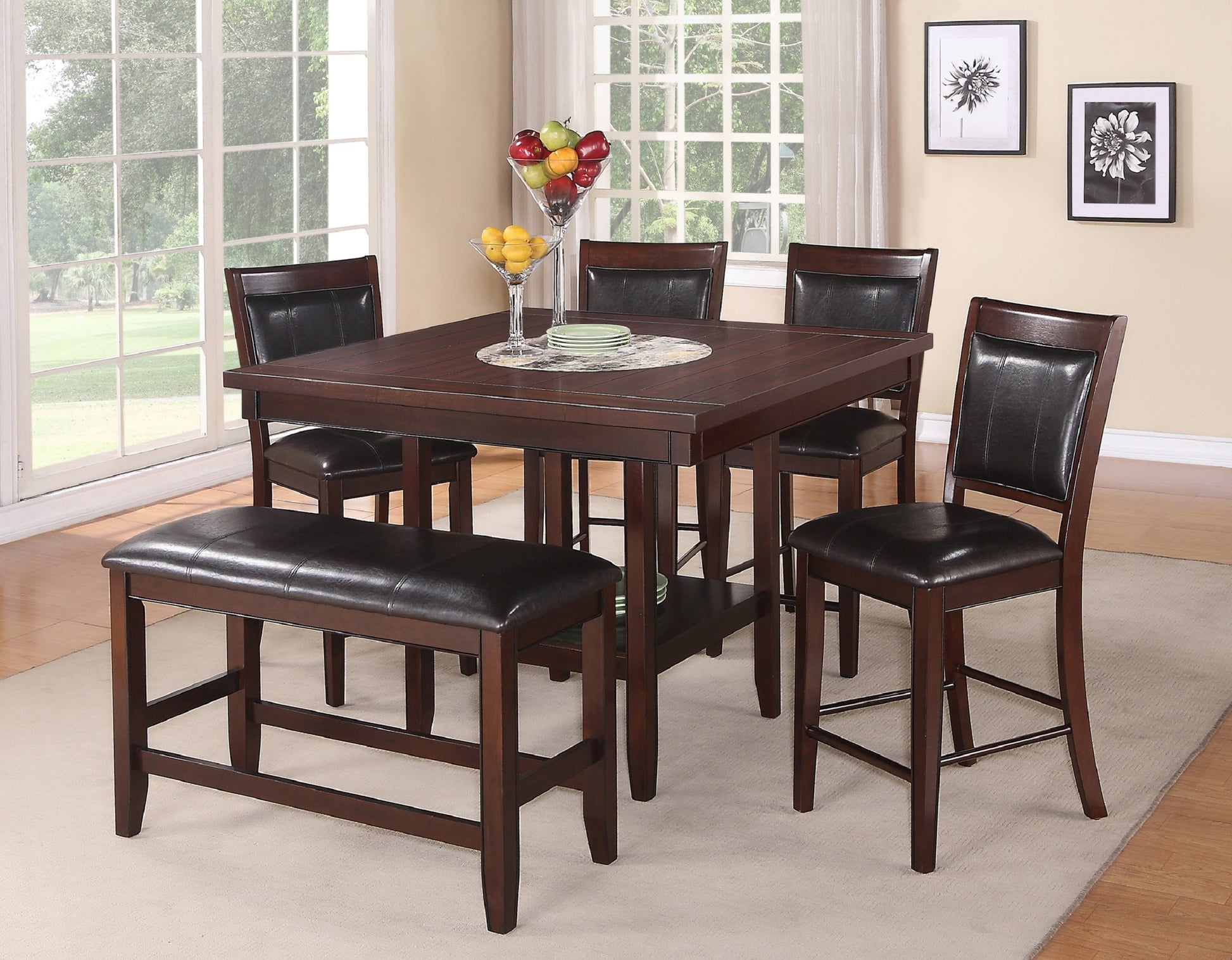 Farmhouse Style 1Pc Brown Espresso Counter Height Bench Footrest Faux Leather Upholstered Seat Wooden Furniture Espresso Faux Leather Dining Room Rectangular Brown Contemporary,Transitional Wood