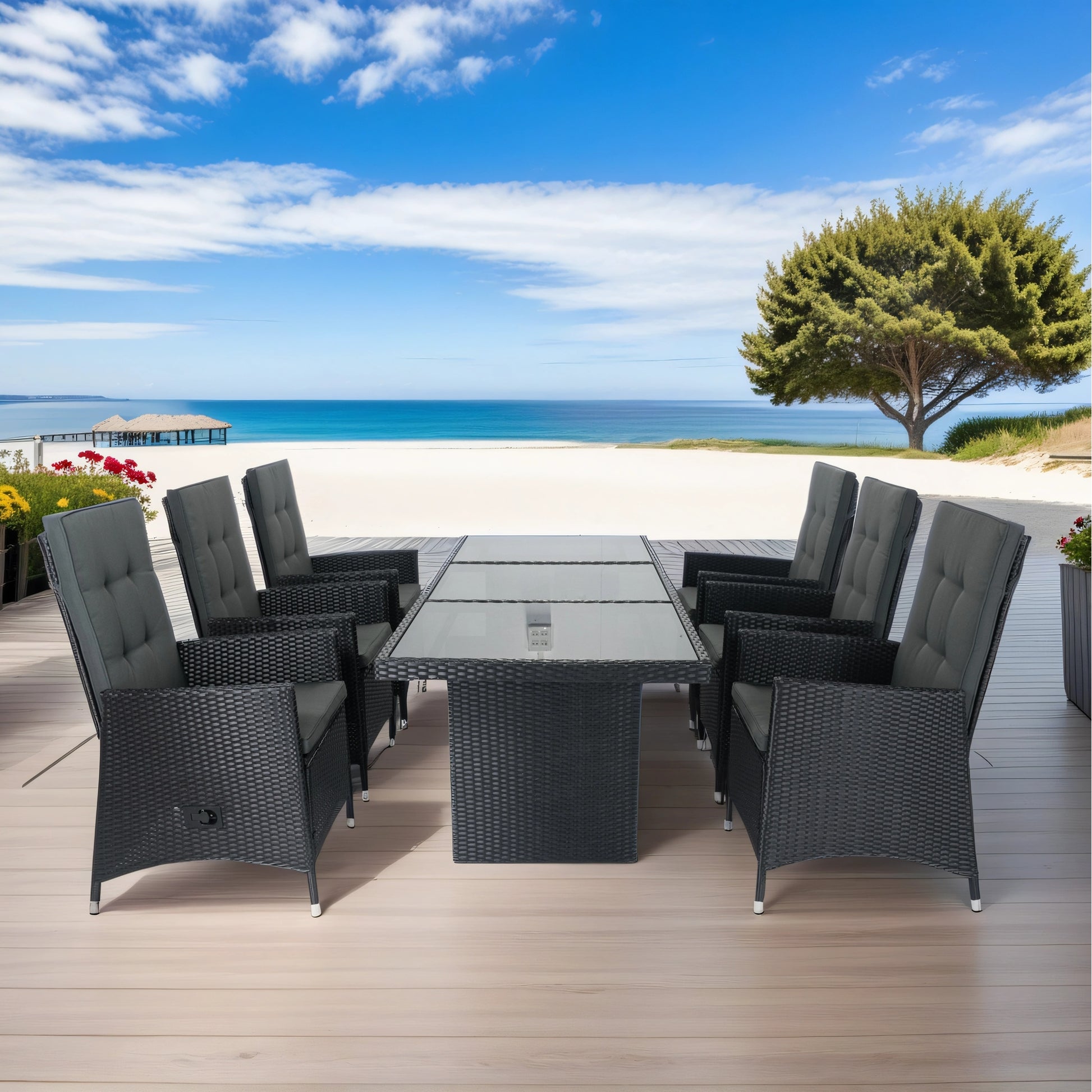 7 Piece Outdoor Patio Wicker Dining Set Patio With Adjustable Backrest Black Wicker Dark Grey Cushion Yes Dining Set Black Rust Resistant Frame Mildew Resistant Cushion Garden & Outdoor Modern Complete Patio Sets Fiber Foam Pads Pe Rattan Iron Waterproof