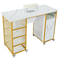 Manicure Table, Marbling Texture Nail Table With Electric Downdraft Vent,Wrist Cushion, Lockable Wheels, Storage Layers & Cabinet,White Gold White Modern Mdf Mdf Metal