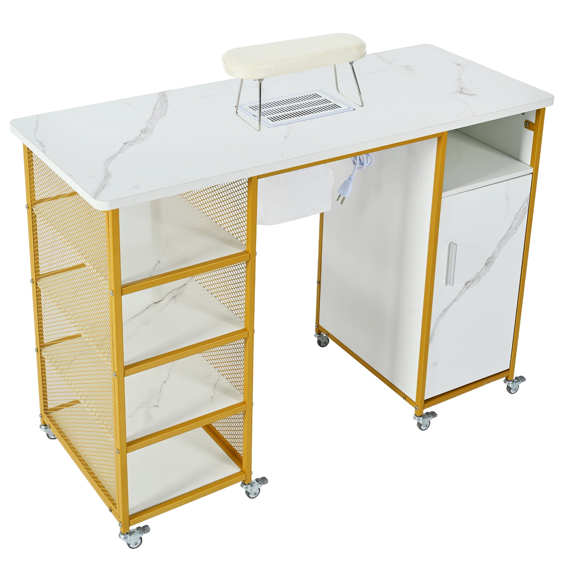 Manicure Table, Marbling Texture Nail Table With Electric Downdraft Vent,Wrist Cushion, Lockable Wheels, Storage Layers & Cabinet,White Gold White Modern Mdf Mdf Metal