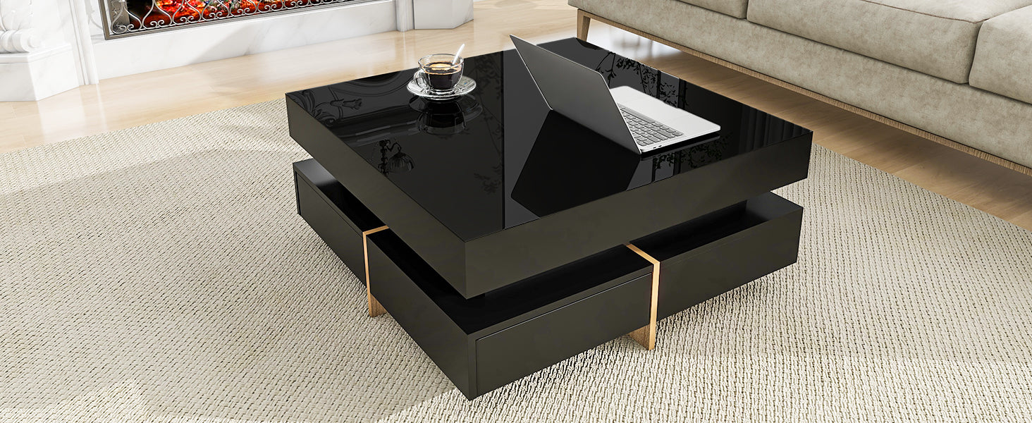 Modern High Gloss Coffee Table With 4 Drawers, Multi Storage Square Cocktail Tea Table With Wood Grain Legs, Center Table For Living Room, 31.5''X31.5'', Black Black Primary Living Space Drawers Particle Board