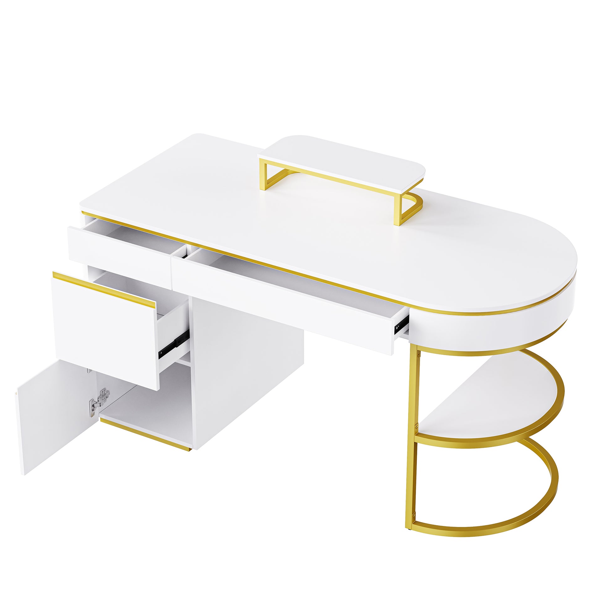 60''Modern Executive Desk,White Curved Computer Desk With Gold Metal Legs,3 Drawers Home Office Desk,Writing Desk With 1 Storage Cabinet For Home Office,Living Room,Gold White Gold White Mdf
