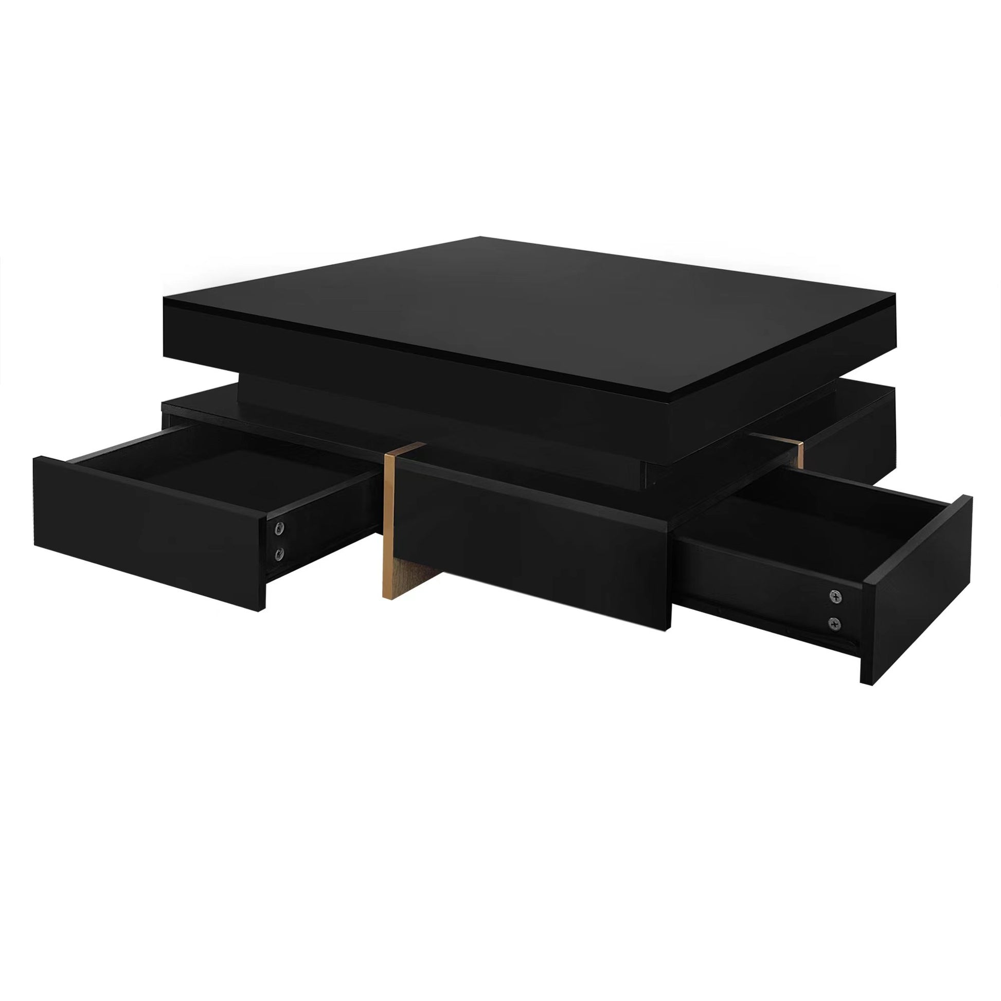 Modern High Gloss Coffee Table With 4 Drawers, Multi Storage Square Cocktail Tea Table With Wood Grain Legs, Center Table For Living Room, 31.5''X31.5'', Black Black Primary Living Space Drawers Particle Board