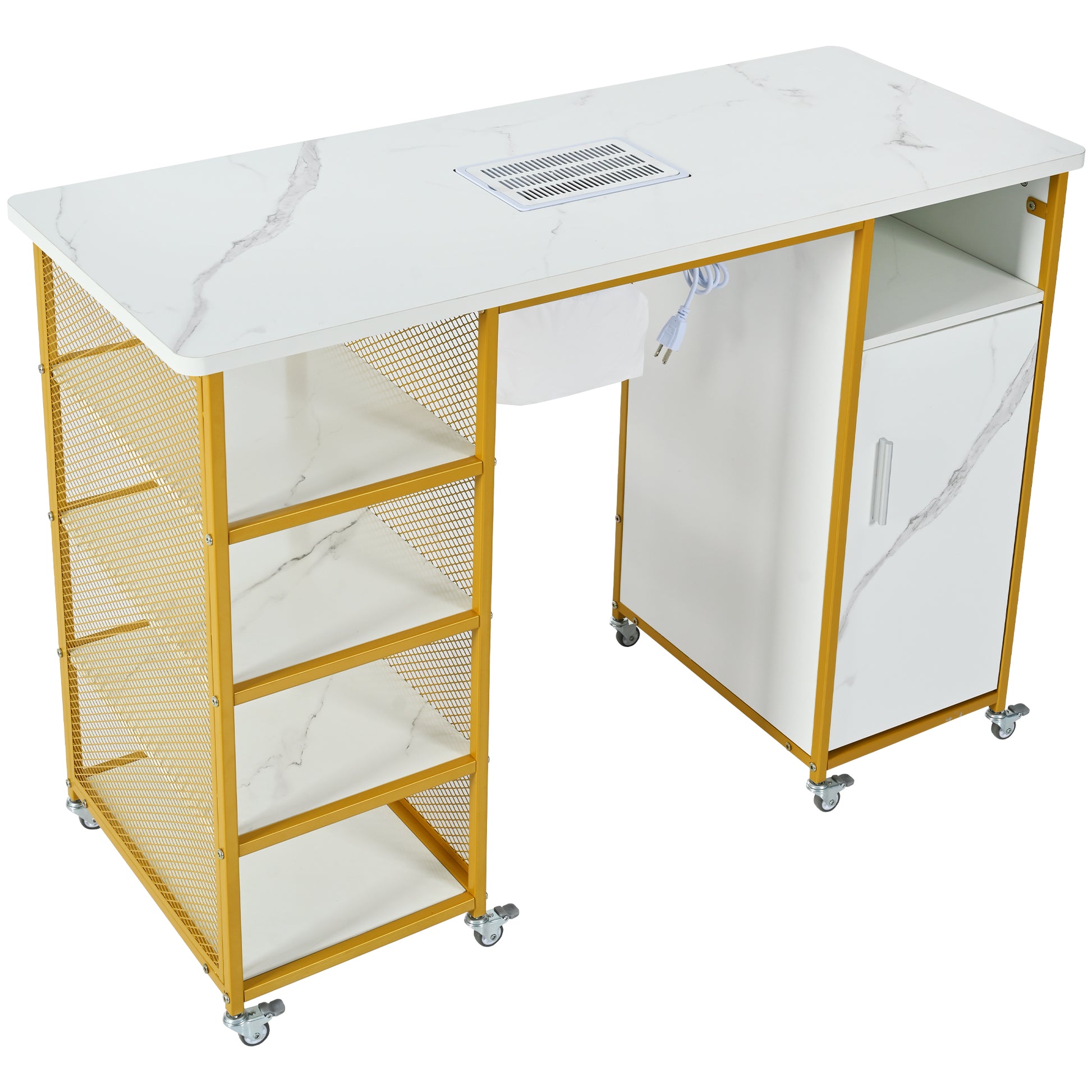 Manicure Table, Marbling Texture Nail Table With Electric Downdraft Vent,Wrist Cushion, Lockable Wheels, Storage Layers & Cabinet,White Gold White Modern Mdf Mdf Metal