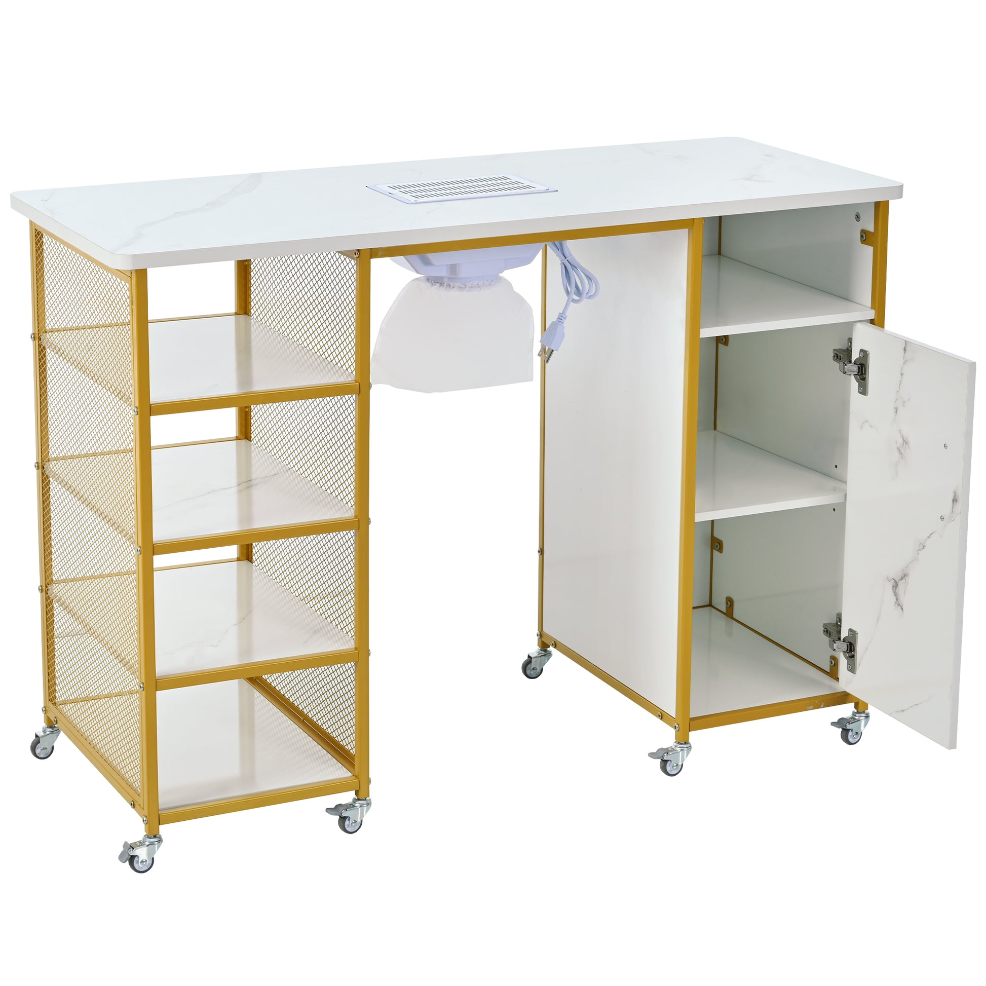 Manicure Table, Marbling Texture Nail Table With Electric Downdraft Vent,Wrist Cushion, Lockable Wheels, Storage Layers & Cabinet,White Gold White Modern Mdf Mdf Metal