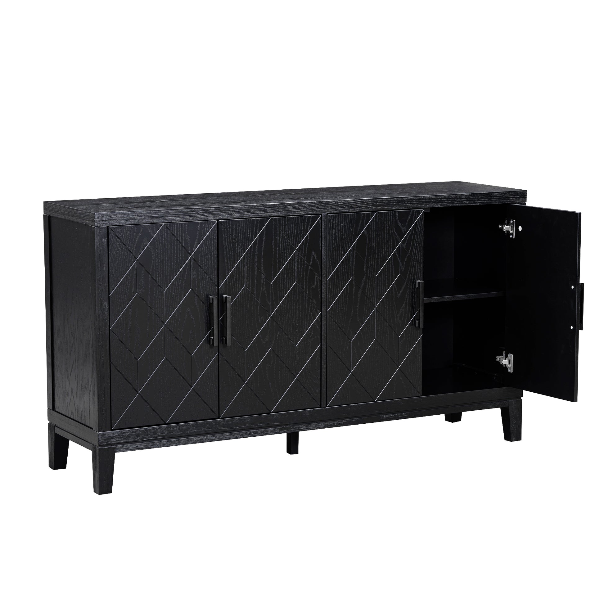 4 Door Retro Sideboard With Adjustable Shelves, Two Large Cabinet With Long Handle, For Living Room And Dining Room Black Black Mdf