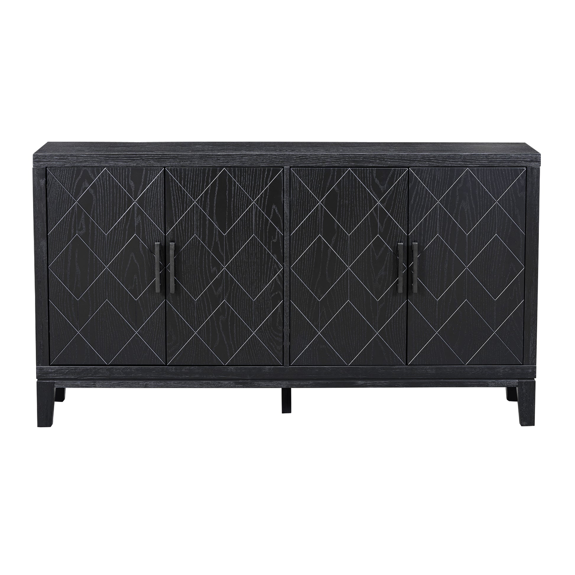 4 Door Retro Sideboard With Adjustable Shelves, Two Large Cabinet With Long Handle, For Living Room And Dining Room Black Black Mdf