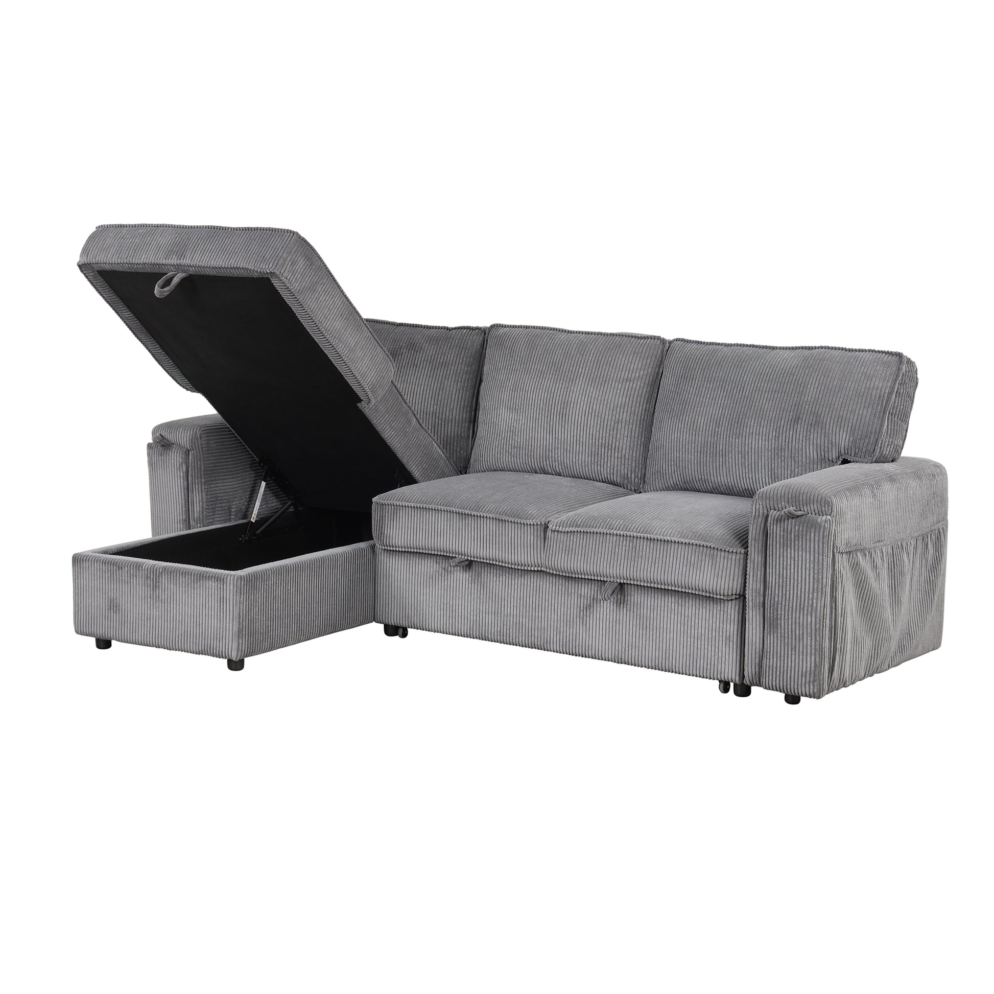 Upholstery Sleeper Sectional Sofa With Storage Bags And 2 Cup Holders On Arms Gray Wood Cushion Back Square Arms Polyester 3 Seat