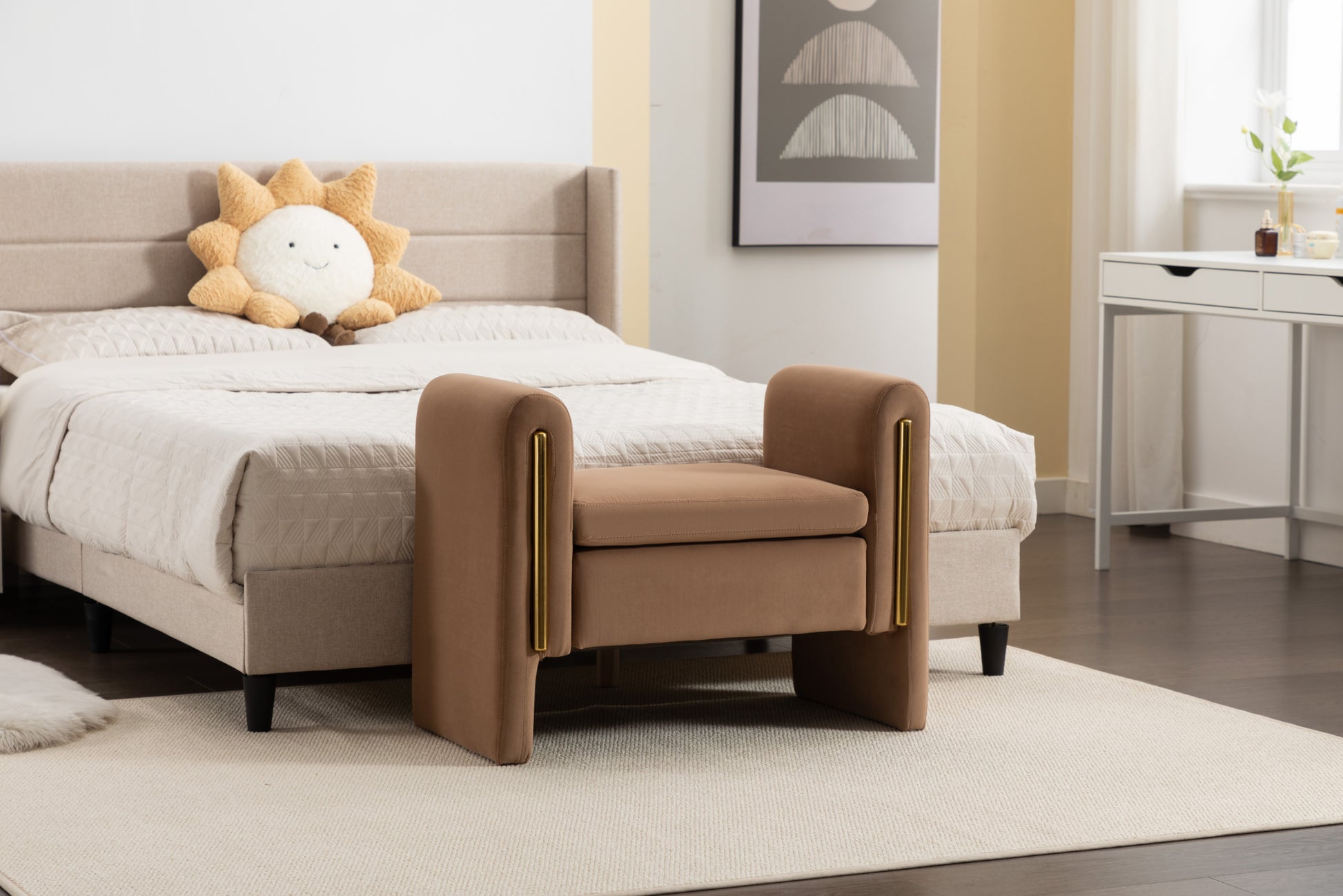 031 Velvet Fabric Single Bench Shoe Bench Makeup Bench For Bedroom Indoor,Coffee Wood Bedroom Brown Solid Eucalyptus Wood Tufted Coffee Polyester Velvet Backless Soft Modern Foam Velvet