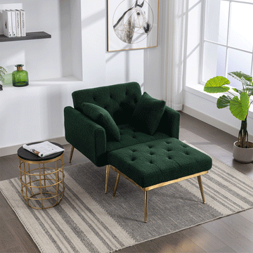 36.61'' Wide Modern Accent Chair With 3 Positions Adjustable Backrest, Tufted Chaise Lounge Chair, Single Recliner Armchair With Ottoman And Gold Legs For Living Room, Bedroom Green Green Foam Sherpa